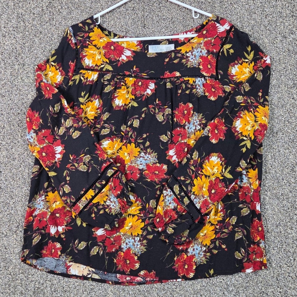 Time and Tru Blouse Womens Large Black Soot Floral Long‎ Sleeve Ladder Lace Trim